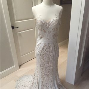 White and beige floor length prom dress